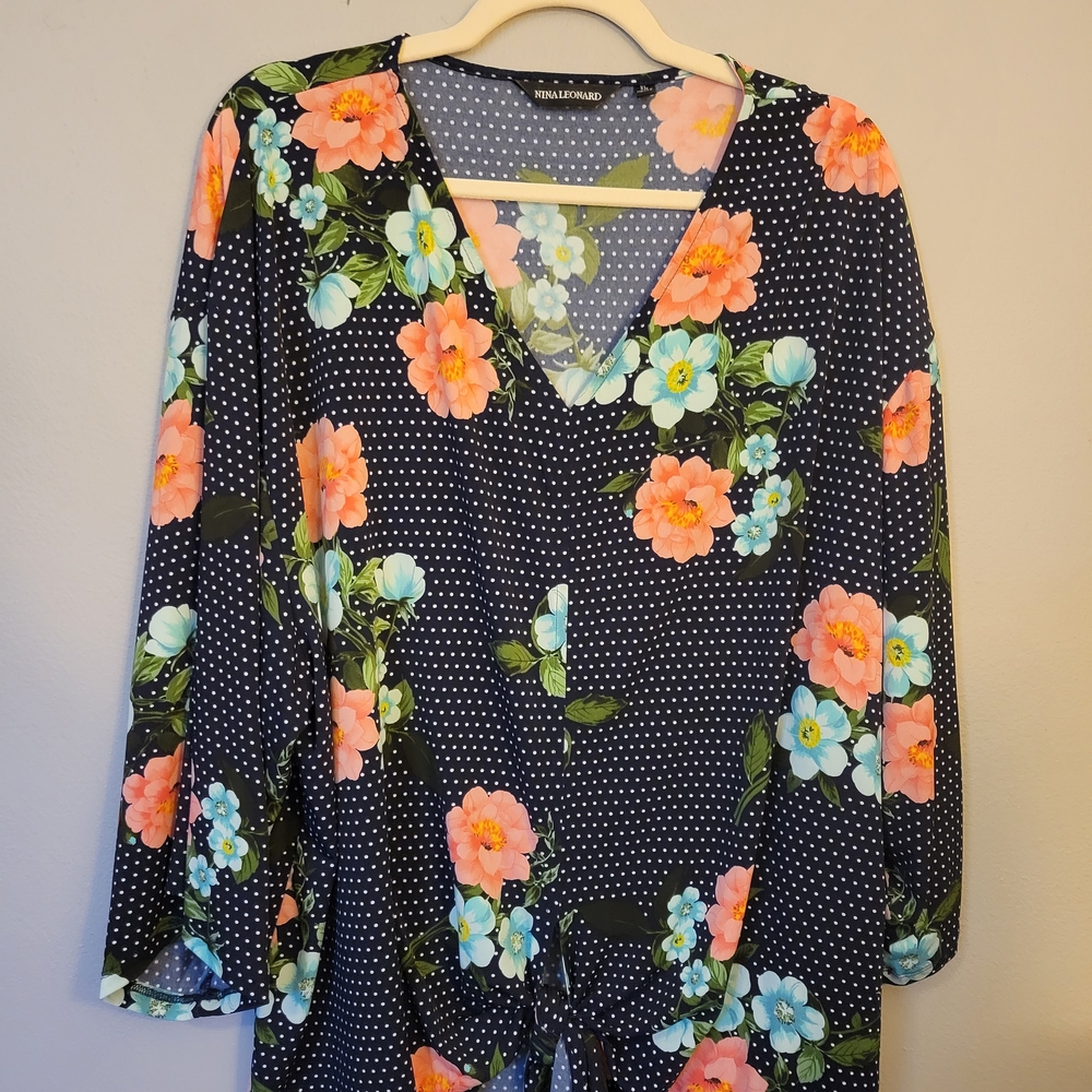 Nina Leonard Navy Floral Tunic Top with Tie